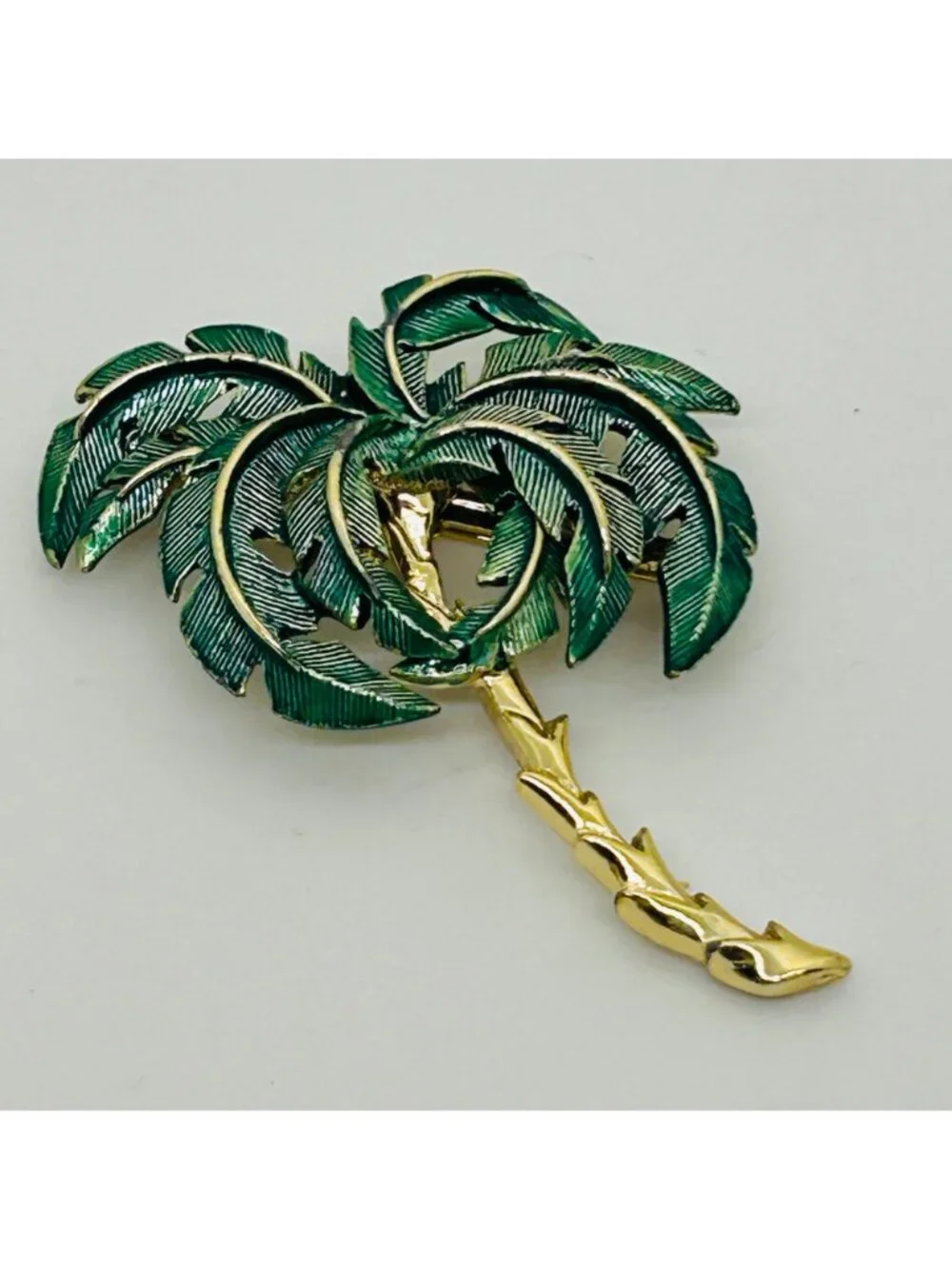 Vintage Palm Tree Brooch Green Enamel Gold Pin Beach Cruise Tropical Vacation